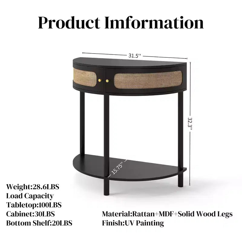Elegante Tavolino Terminale Semicircolare con 2 Armadietti in Rattan e Ripiano Inferiore per Soggiorno, Camera da Letto, Corridoio