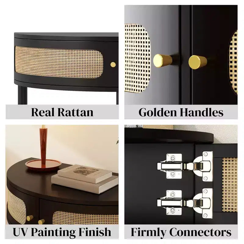 Elegante Tavolino Terminale Semicircolare con 2 Armadietti in Rattan e Ripiano Inferiore per Soggiorno, Camera da Letto, Corridoio