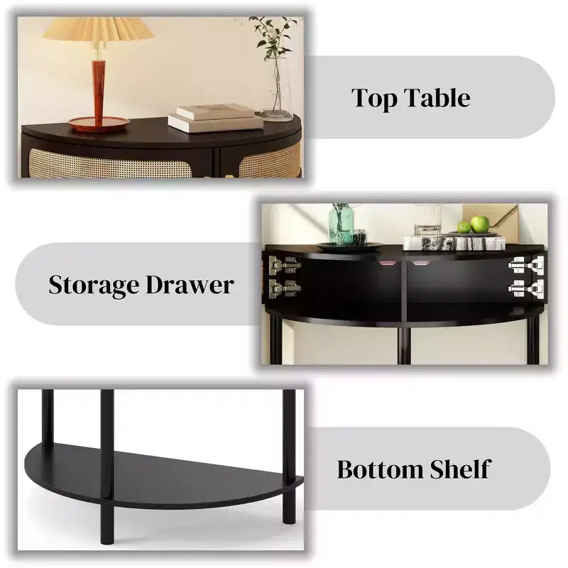 Elegante Tavolino Terminale Semicircolare con 2 Armadietti in Rattan e Ripiano Inferiore per Soggiorno, Camera da Letto, Corridoio