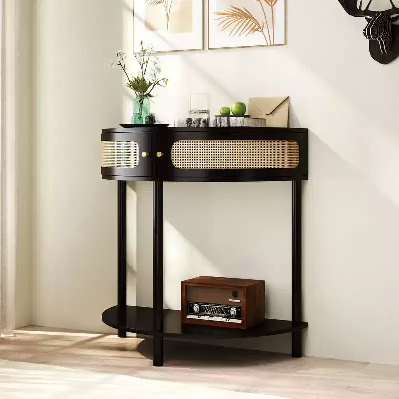 Zeus & Ruta Elegant Semi-Circle End Table with 2 Rattan Cabinets and Bottom Shelf for Living Room, Bedroom, Hallway