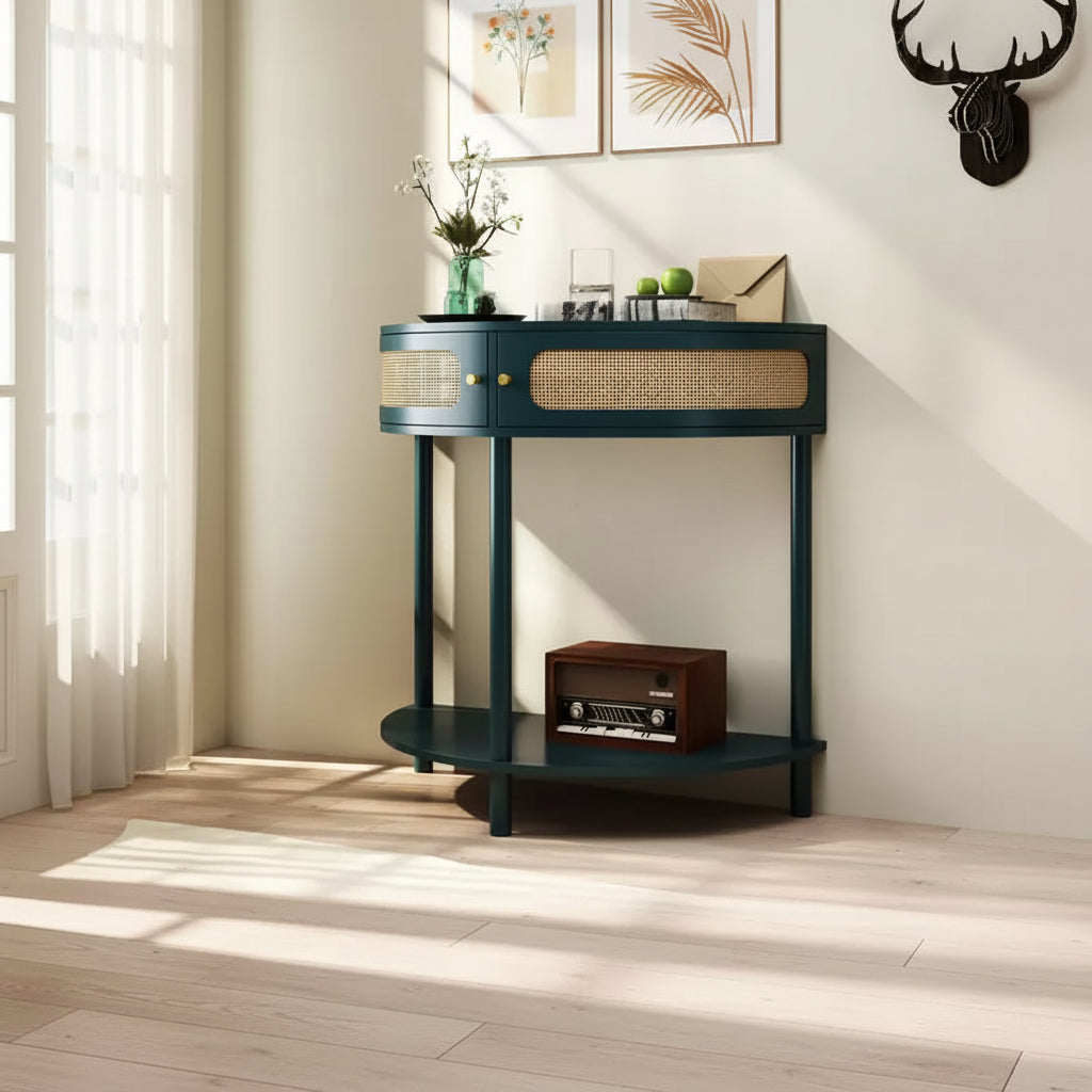 Elegante Tavolino Terminale Semicircolare con 2 Armadietti in Rattan e Ripiano Inferiore per Soggiorno, Camera da Letto, Corridoio