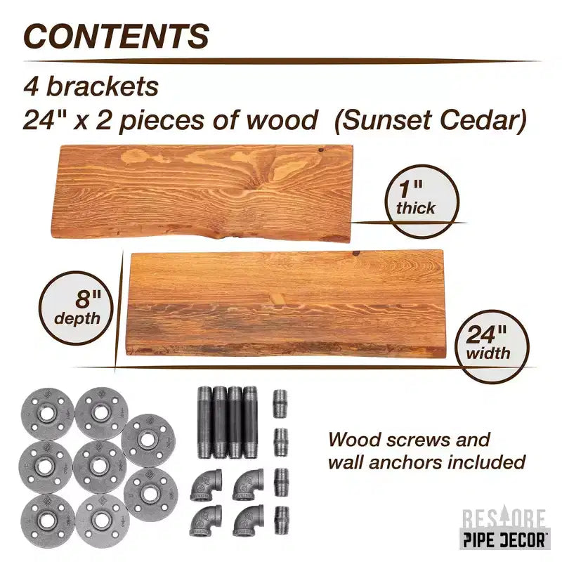 24 mensole in legno con bordo naturale Sunset Cedar con staffe a pipa a L (confezione da 2)