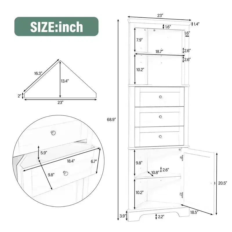 Black Triangle Tall Cabinet with 3 Drawers and Adjustable Shelves for Bathroom Kitchen or Living Room