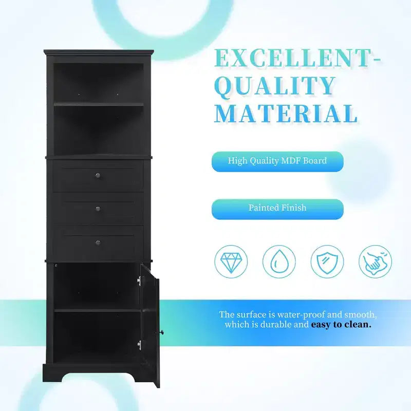 Black Triangle Tall Cabinet with 3 Drawers and Adjustable Shelves for Bathroom Kitchen or Living Room
