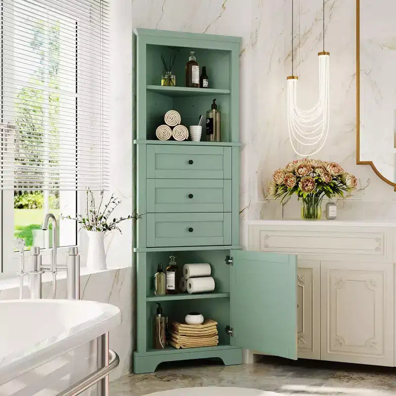 Black Triangle Tall Cabinet with 3 Drawers and Adjustable Shelves for Bathroom Kitchen or Living Room