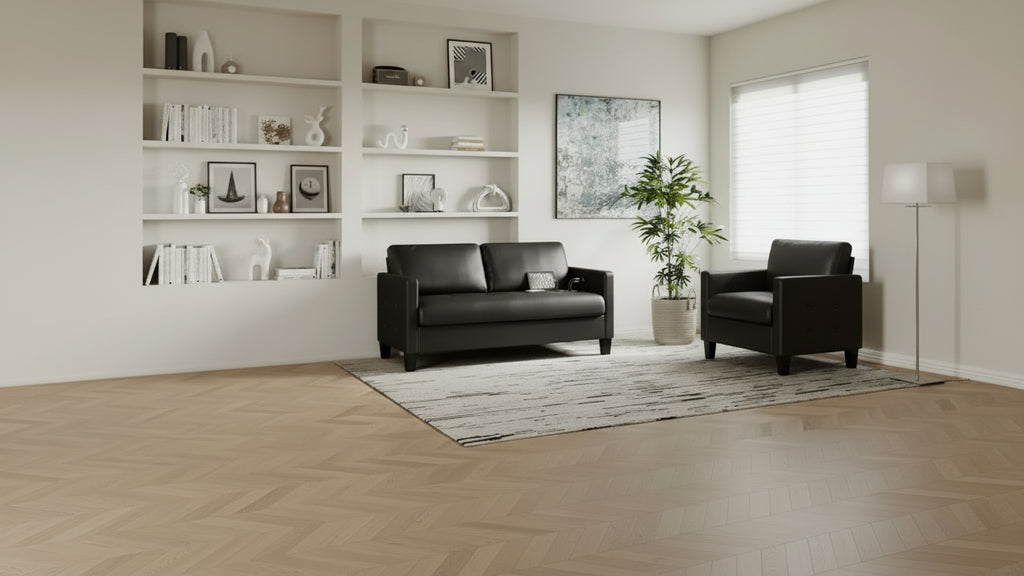 TYBOATLE Faux Leather Sofa 2 Set, Living Room Upholstered Sofa Couch, Mid Century Modern Couch Set with Wooden Legs for Living Room, Bedroom, Office