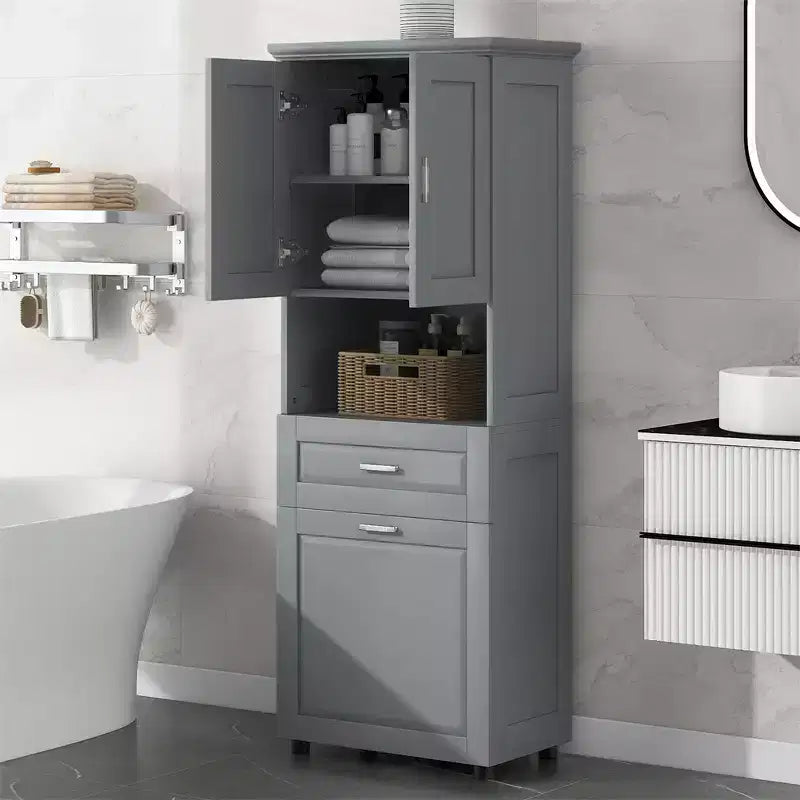 Mobile alto e stretto per bagno con cesto portabiancheria, 2 ante e 1 cassetto, per bagno, lavanderia o soggiorno