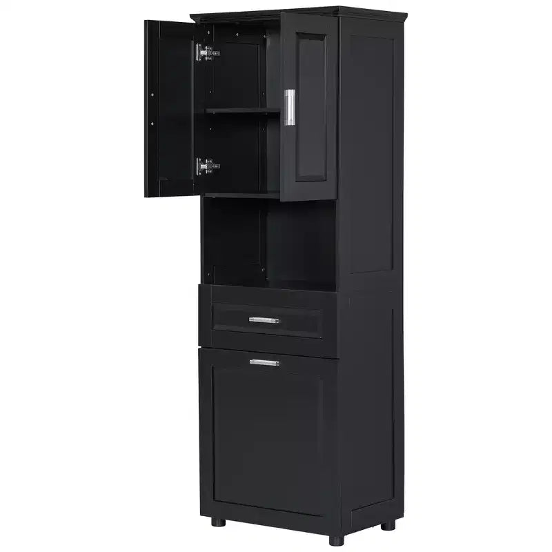 Mobile alto e stretto per bagno con cesto portabiancheria, 2 ante e 1 cassetto, per bagno, lavanderia o soggiorno