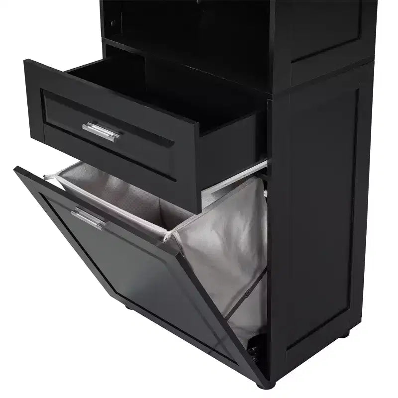 Mobile alto e stretto per bagno con cesto portabiancheria, 2 ante e 1 cassetto, per bagno, lavanderia o soggiorno