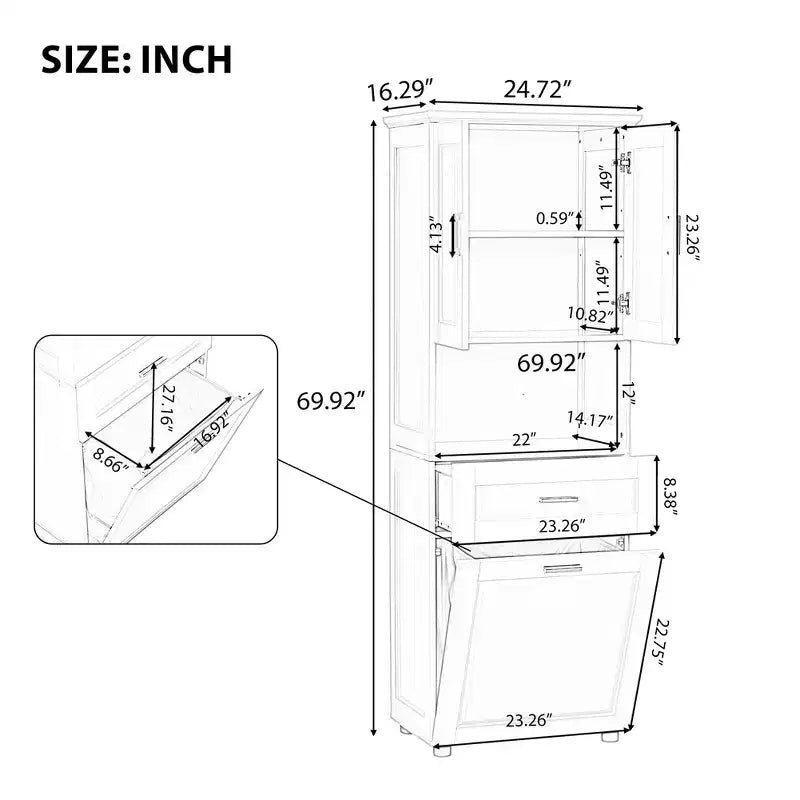 Mobile alto e stretto per bagno con cesto portabiancheria, 2 ante e 1 cassetto, per bagno, lavanderia o soggiorno
