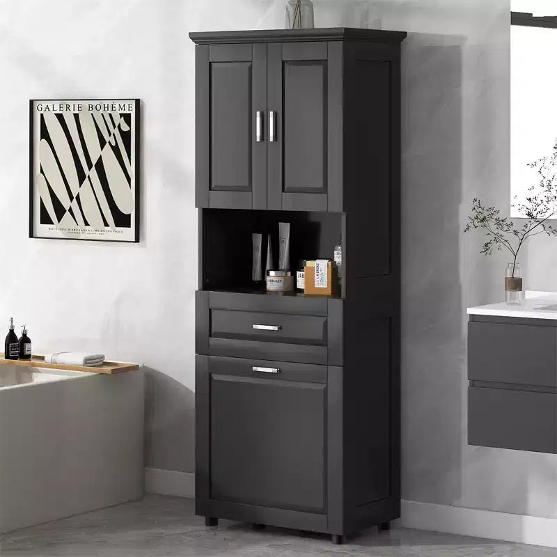 Mobile alto e stretto per bagno con cesto portabiancheria, 2 ante e 1 cassetto, per bagno, lavanderia o soggiorno