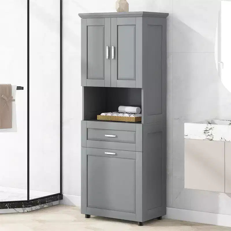 Mobile alto e stretto per bagno con cesto portabiancheria, 2 ante e 1 cassetto, per bagno, lavanderia o soggiorno