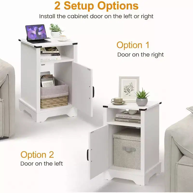 Comodino alto da fattoria con stazione di ricarica, tavolino bianco con spazio contenitivo, ampio comodino rustico in legno per camera da letto, ufficio