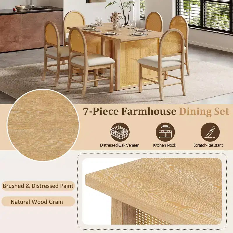 Tavolo da pranzo in stile rustico con tavolo rettangolare da 59.8 pollici e sedie in rattan imbottite
