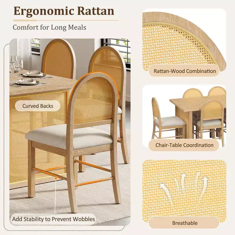 Tavolo da pranzo in stile rustico con tavolo rettangolare da 59.8 pollici e sedie in rattan imbottite