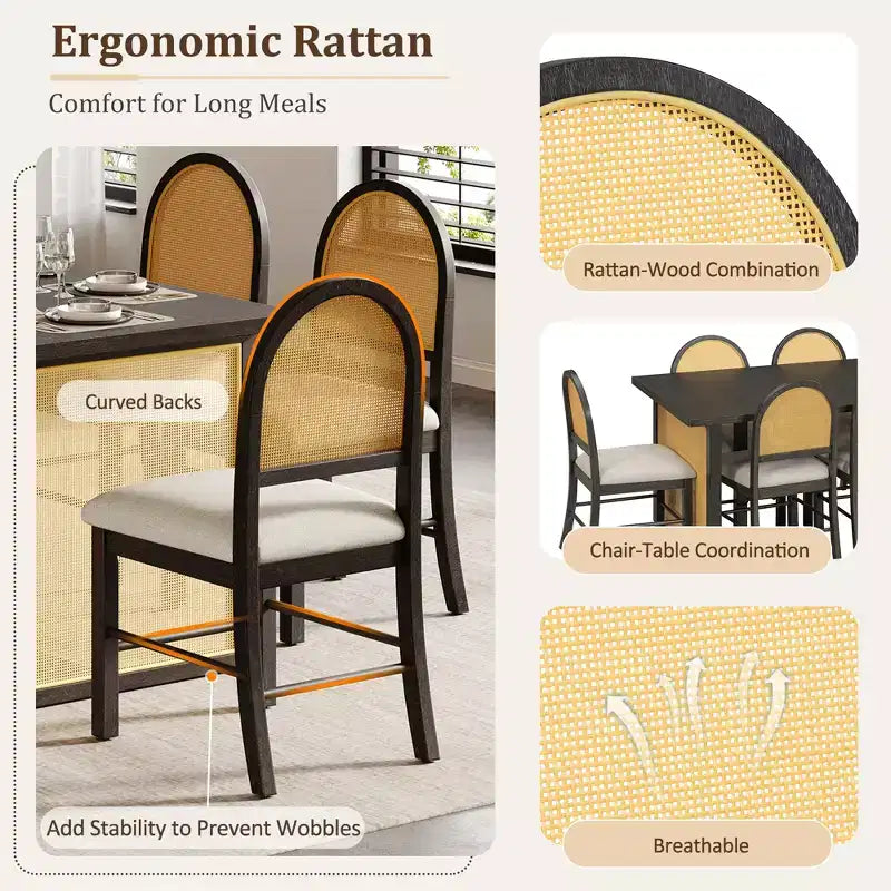 Tavolo da pranzo in stile rustico con tavolo rettangolare da 59.8 pollici e sedie in rattan imbottite