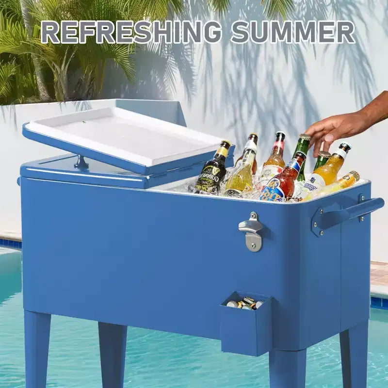 Vasca refrigerante portatile su ruote da 80 quarti con vassoio raccogligocce e ripiano inferiore per feste in terrazza, barbecue e spiaggia, blu, 34.3*15.2*35.8