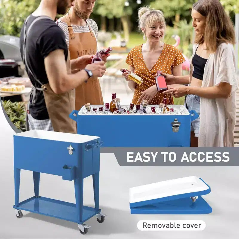 Vasca refrigerante portatile su ruote da 80 quarti con vassoio raccogligocce e ripiano inferiore per feste in terrazza, barbecue e spiaggia, blu, 34.3*15.2*35.8