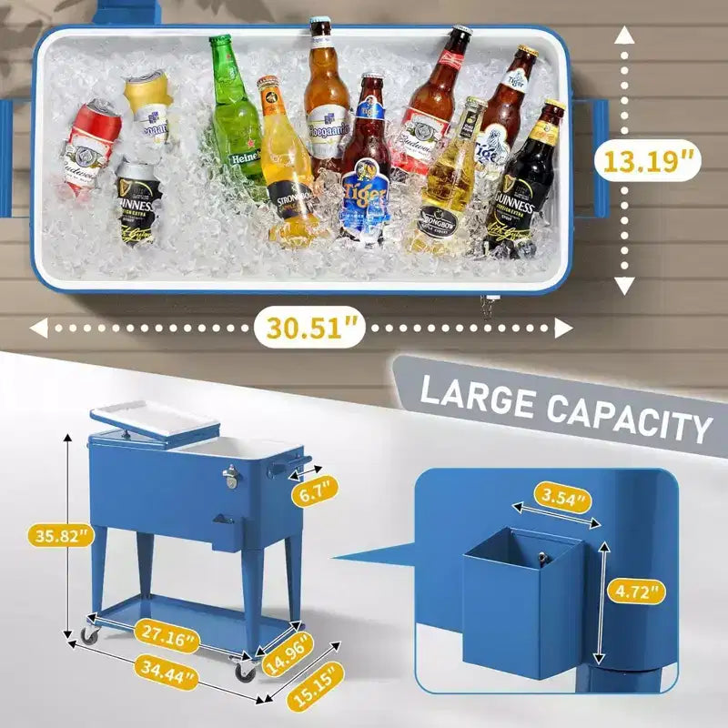 Vasca refrigerante portatile su ruote da 80 quarti con vassoio raccogligocce e ripiano inferiore per feste in terrazza, barbecue e spiaggia, blu, 34.3*15.2*35.8