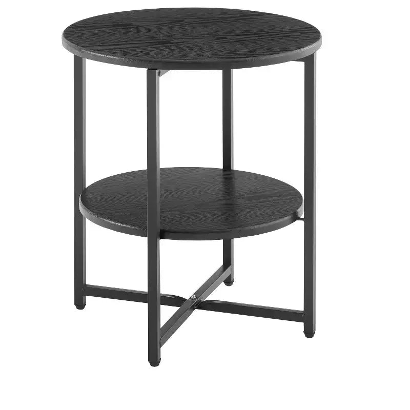 Tavolino da salotto rotondo piccolo in stile rustico con gambe a croce, tavolino finale con ripiano inferiore, tavolino da divano per soggiorno, camera da letto, nero