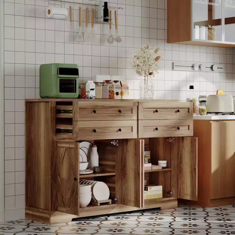 55 in Large Sideboard Buffet Cabinet with Storage, 4 Drawers and 4 Doors, Kitchen Storage Cabinet with Adjustable Shelf, Wood Coffee Bar for Hallway