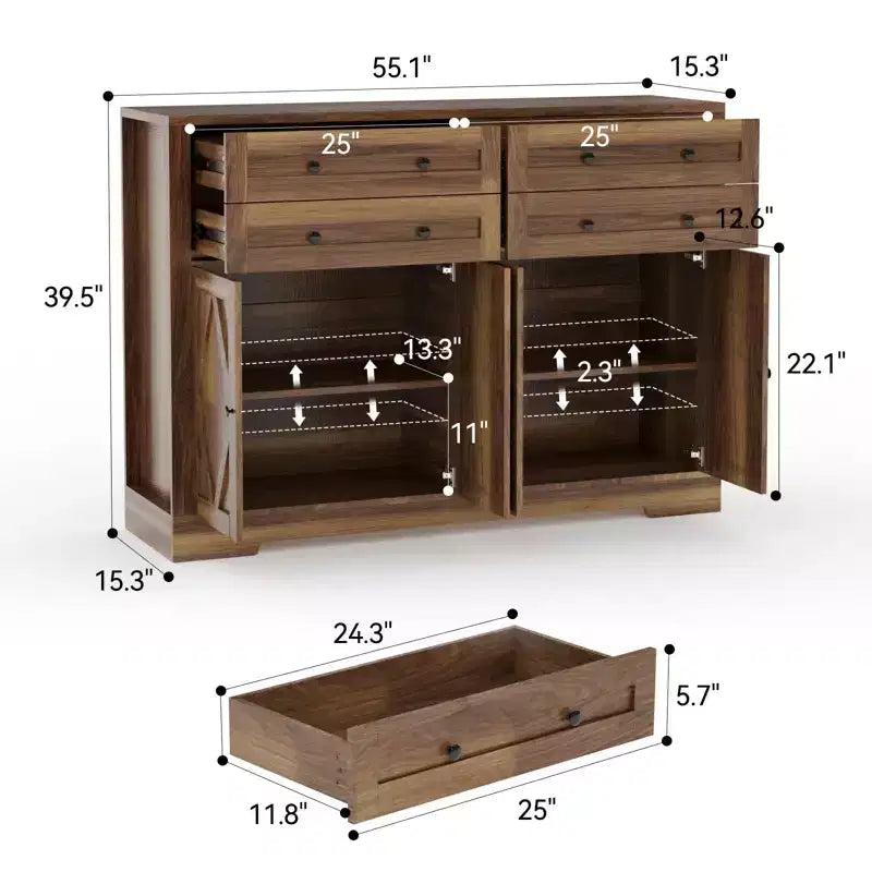 Credenza buffet grande da 55 pollici con contenitore, 4 cassetti e 4 ante, mobile contenitore da cucina con ripiano regolabile, mobile bar in legno per corridoio