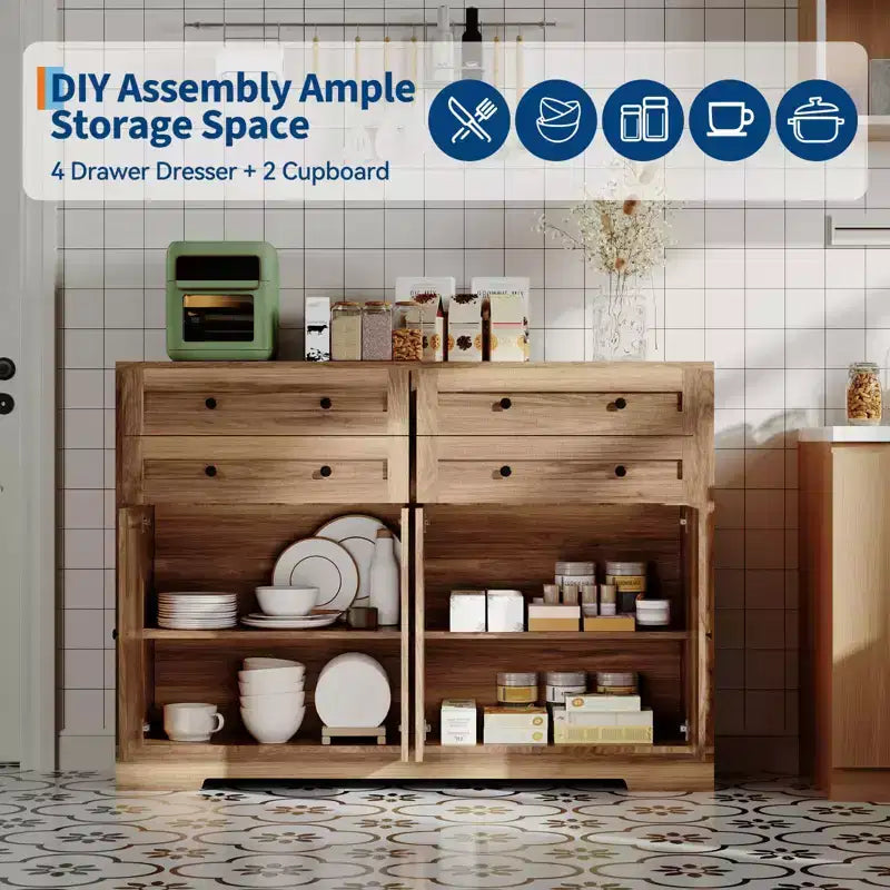 Credenza buffet grande da 55 pollici con contenitore, 4 cassetti e 4 ante, mobile contenitore da cucina con ripiano regolabile, mobile bar in legno per corridoio
