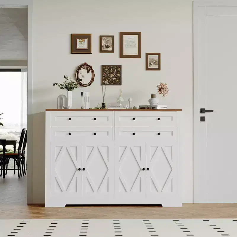 55 in Large Sideboard Buffet Cabinet with Storage, 4 Drawers and 4 Doors, Kitchen Storage Cabinet with Adjustable Shelf, Wood Coffee Bar for Hallway