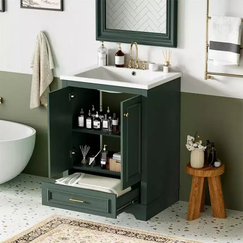 Mobile bagno moderno da 24 pollici, mobile lavabo singolo con 2 ante e 1 cassetto, ripiani regolabili