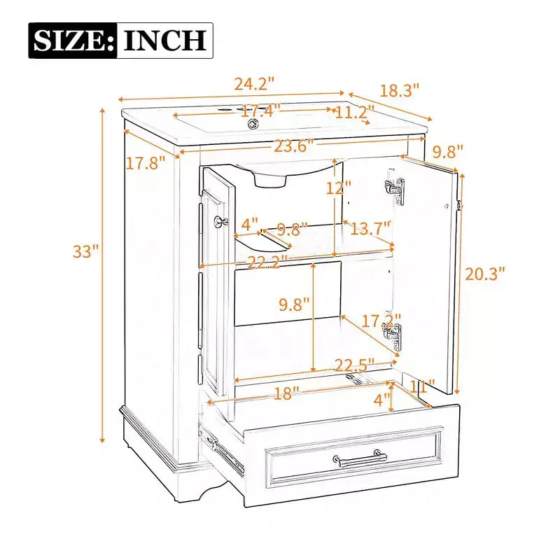 Mobile bagno moderno da 24 pollici, mobile lavabo singolo con 2 ante e 1 cassetto, ripiani regolabili