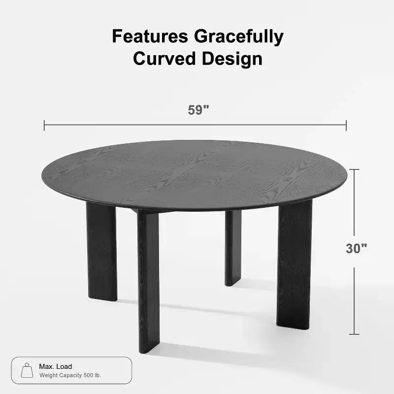 59 Modern Round Dining Table for 6-8 with Dense Wood Tabletop & Stable Base Wooden Dining Table for Kitchen Dining Room Black