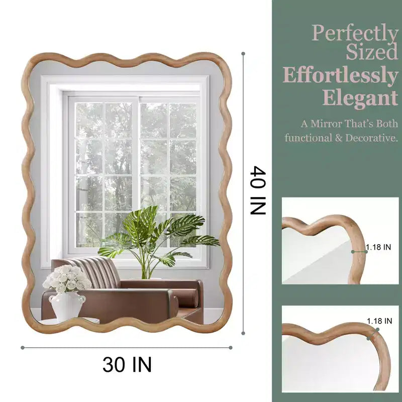 Specchio decorativo con cornice in legno massello rettangolare ondulato 30 x 40 Specchio da parete moderno rustico per camera da letto, bagno, soggiorno, ingresso in legno naturale