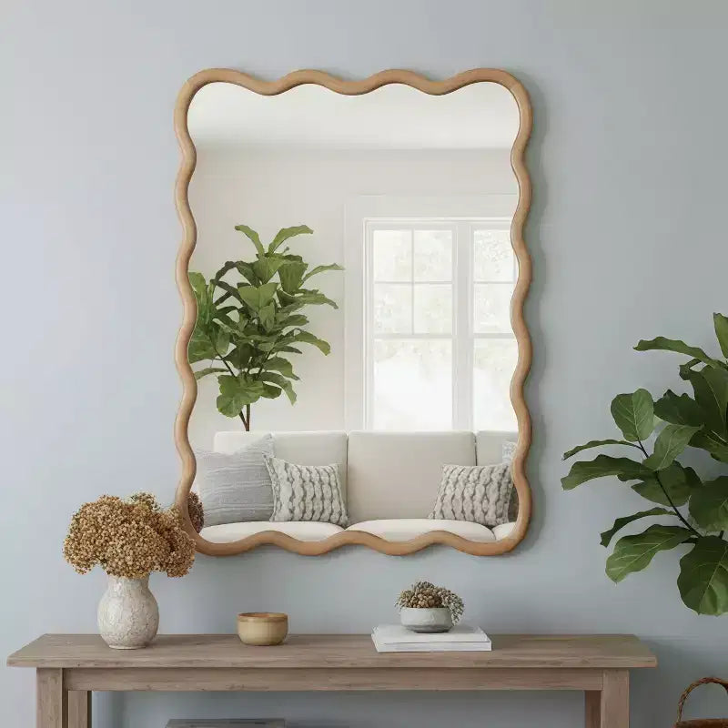 Specchio decorativo con cornice in legno massello rettangolare ondulato 30 x 40 Specchio da parete moderno rustico per camera da letto, bagno, soggiorno, ingresso in legno naturale