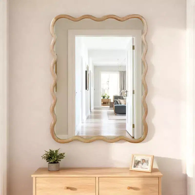 Specchio decorativo con cornice in legno massello rettangolare ondulato 30 x 40 Specchio da parete moderno rustico per camera da letto, bagno, soggiorno, ingresso in legno naturale