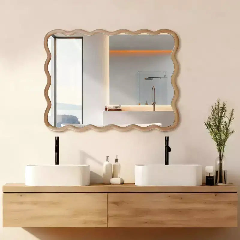 Specchio decorativo con cornice in legno massello rettangolare ondulato 30 x 40 Specchio da parete moderno rustico per camera da letto, bagno, soggiorno, ingresso in legno naturale
