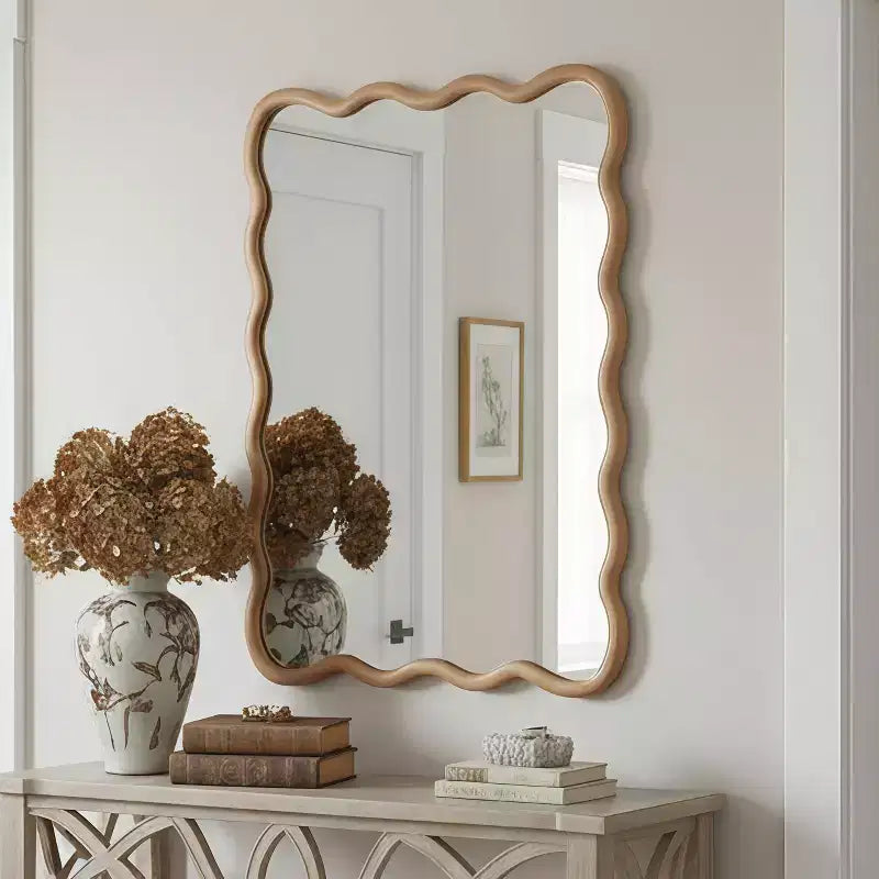 Specchio decorativo con cornice in legno massello rettangolare ondulato 30 x 40 Specchio da parete moderno rustico per camera da letto, bagno, soggiorno, ingresso in legno naturale