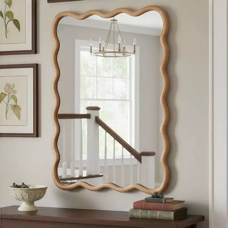 Specchio decorativo con cornice in legno massello rettangolare ondulato 30 x 40 Specchio da parete moderno rustico per camera da letto, bagno, soggiorno, ingresso in legno naturale