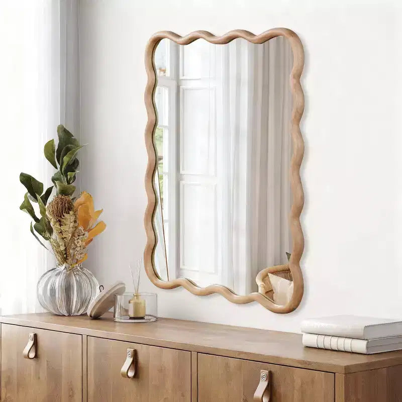 Specchio decorativo con cornice in legno massello rettangolare ondulato 30 x 40 Specchio da parete moderno rustico per camera da letto, bagno, soggiorno, ingresso in legno naturale