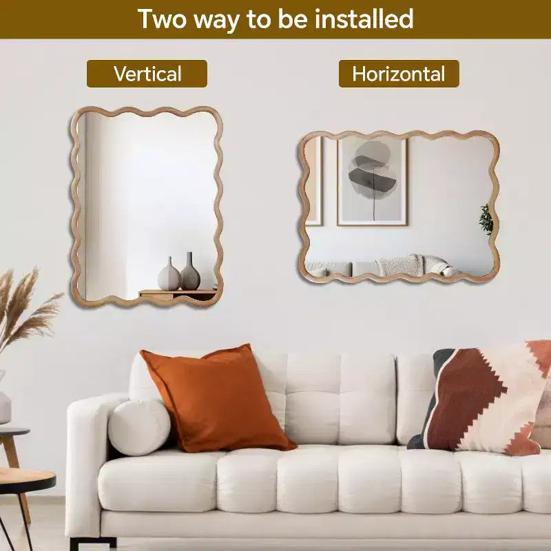 Specchio decorativo con cornice in legno massello rettangolare ondulato 30 x 40 Specchio da parete moderno rustico per camera da letto, bagno, soggiorno, ingresso in legno naturale